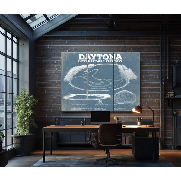 Daytona International Speedway Blueprint NASCAR Race Track Print as a 3 panel canvas wrap in an industrial loft office