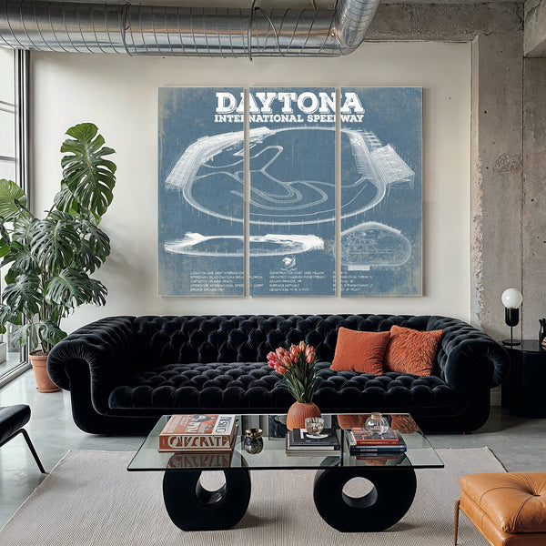 Daytona International Speedway Blueprint NASCAR Race Track Print as a 3 panel canvas wrap in a modern living room