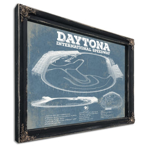 Daytona International Speedway Blueprint NASCAR Race Track Print in a distressed Vintage Black wood frame with ornate corners