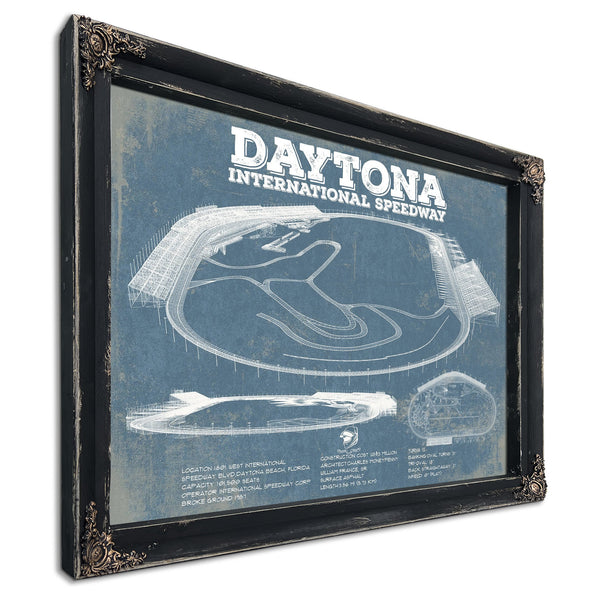 Daytona International Speedway Blueprint NASCAR Race Track Print in a distressed Vintage Black wood frame with ornate corners