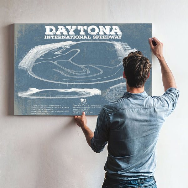 Daytona International Speedway Blueprint NASCAR Race Track Print framed in Vintage Black above a mid-century record console