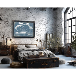 Daytona International Speedway Blueprint NASCAR Race Track Print framed in Vintage Black in a farmhouse entryway