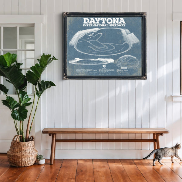 Daytona International Speedway Blueprint NASCAR Race Track Print framed in Vintage Black above a rustic console table