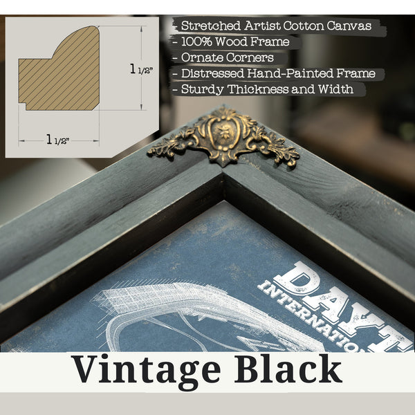 Vintage Black frame corner detail, 1.5 inch ornate wood moulding, Daytona International Speedway Blueprint NASCAR Race Track…