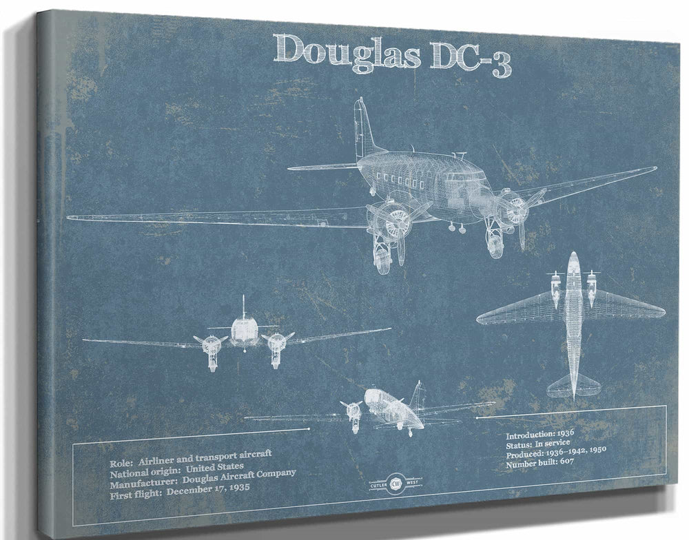 14" x 11" / Stretched Canvas Wrap Cutler West DC-3 Vintage Blueprint Airplane Wall Art