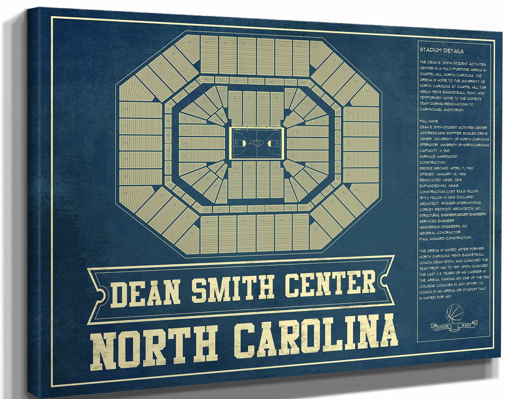 14" x 11" / Stretched Canvas Wrap Cutler West Dean E. Smith Center North Carolina Tar Heels NCAA College Basketball Blueprint Art