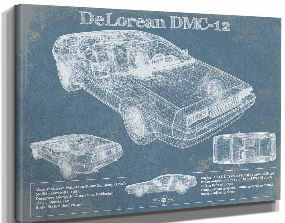 14" x 11" / Stretched Canvas Wrap Cutler West DeLorean Racing Sports Car Blueprint Patent Original Art