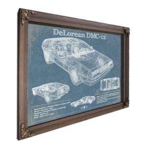 DeLorean Blueprint Art Print in a Bourbon stained wood frame with antique gold corners