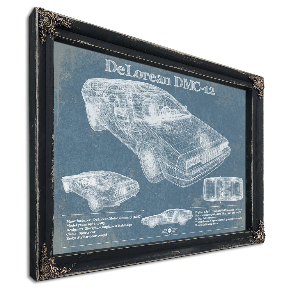 DeLorean Blueprint Art Print in a distressed Vintage Black wood frame with ornate corners