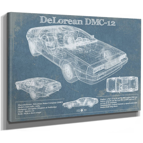 DeLorean Blueprint Art Print as a stretched canvas wrap with gallery wrapped edges