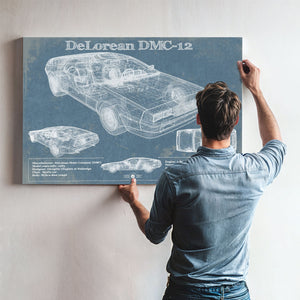 DeLorean Blueprint Art Print framed in Vintage Black above a mid-century record console