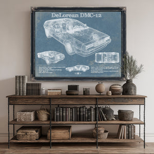 DeLorean Blueprint Art Print canvas print size guide 24x18 36x24 48x36 inches