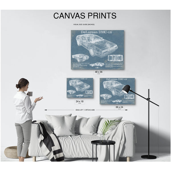 DeLorean Blueprint Art Print displayed on a wall