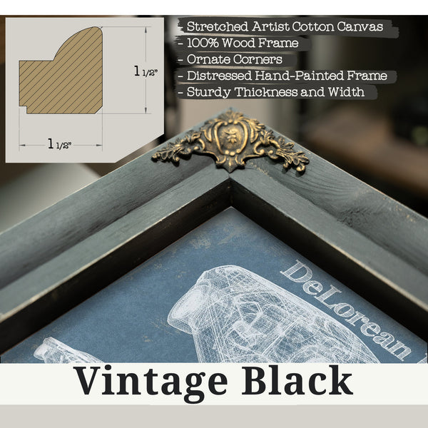 Vintage Black frame corner detail, 1.5 inch ornate wood moulding, DeLorean Blueprint Art Print