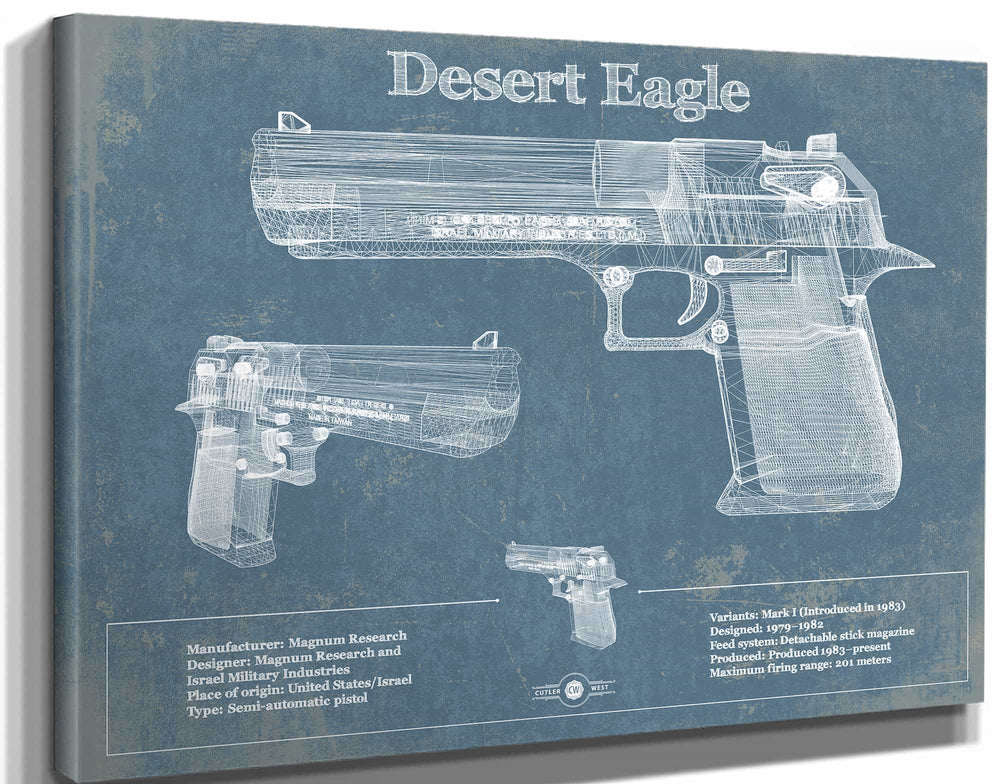 14" x 11" / Stretched Canvas Wrap Cutler West Desert Eagle Blueprint Vintage Gun Print