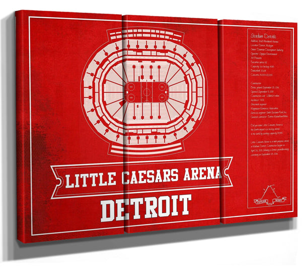 36" x 24" / 3 Panel Canvas Wrap Cutler West Detroit Red Wings Team Colors - Little Caesars Arena Vintage Hockey Blueprint NHL Print