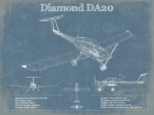 14" x 11" / Unframed Cutler West Diamond DA20 Katana Vintage Aviation Blueprint Print