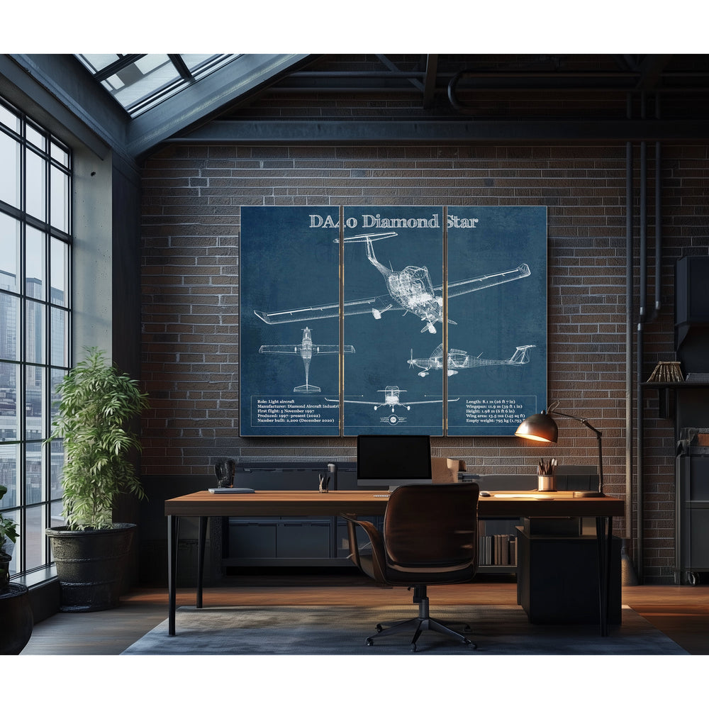 Diamond DA40 Diamond Star Blueprint Aviation Print in a distressed Vintage Black wood frame with ornate corners