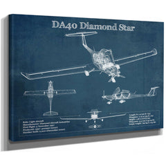 Diamond DA40 Diamond Star Blueprint Aviation Print as a stretched canvas wrap with gallery wrapped edges