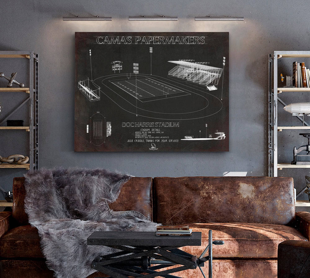 14" x 11" / Stretched Canvas Wrap Cutler West Doc Harris Stadium Blueprint - Camas Papermakers Fan