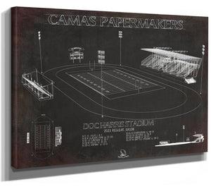 14" x 11" / Stretched Canvas Wrap Cutler West Doc Harris Stadium Blueprint - Camas Papermakers Fan