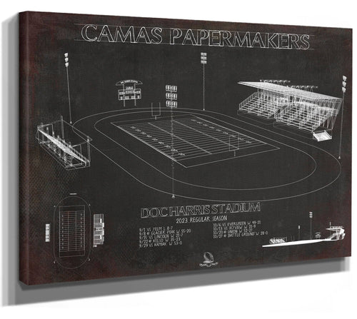 14" x 11" / Stretched Canvas Wrap Cutler West Doc Harris Stadium Blueprint - Camas Papermakers Fan