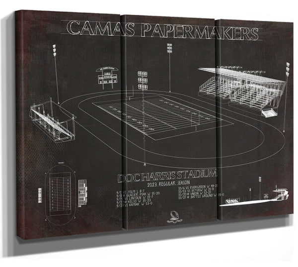 36" x 24" / 3 Panel Canvas Wrap Cutler West Doc Harris Stadium Blueprint - Camas Papermakers Fan