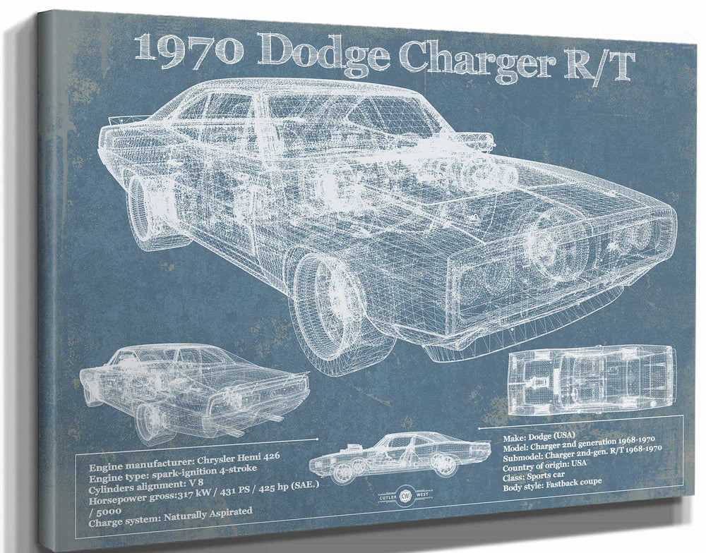 14" x 11" / Stretched Canvas Wrap Cutler West Dodge Charger 1970 R/T (Fast and Furious) Sports Car Blueprint Patent Original Art
