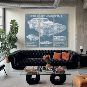 1970 Dodge Charger R/T (Fast and Furious) Print as a 3 panel canvas wrap in a modern living room
