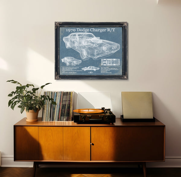 1970 Dodge Charger R/T (Fast and Furious) Print framed in Vintage Black in a loft bedroom