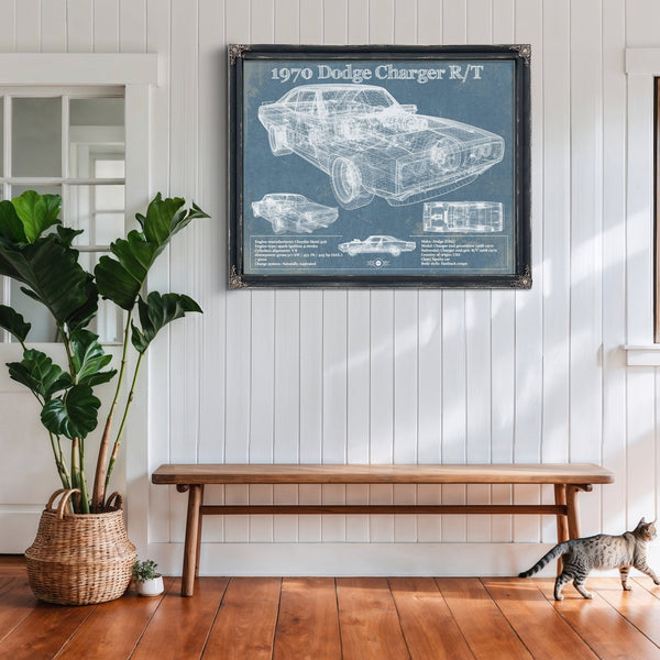 1970 Dodge Charger R/T (Fast and Furious) Print framed in Vintage Black above a rustic console table