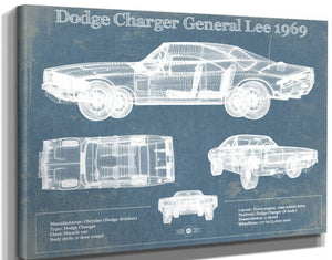 14" x 11" / Stretched Canvas Wrap Cutler West Dodge Charger (Mk2) (B Body) General Lee 1969 Vintage Blueprint Auto Print