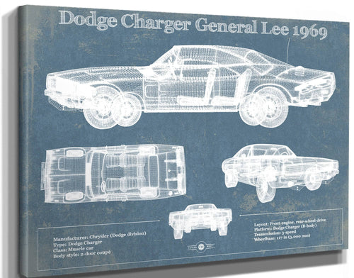 14" x 11" / Stretched Canvas Wrap Cutler West Dodge Charger (Mk2) (B Body) General Lee 1969 Vintage Blueprint Auto Print