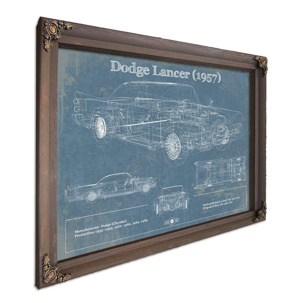 1957 Dodge Lancer Blueprint Art Print in a Bourbon stained wood frame with antique gold corners