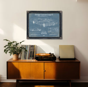 1957 Dodge Lancer Blueprint Art Print framed in Vintage Black in a loft bedroom