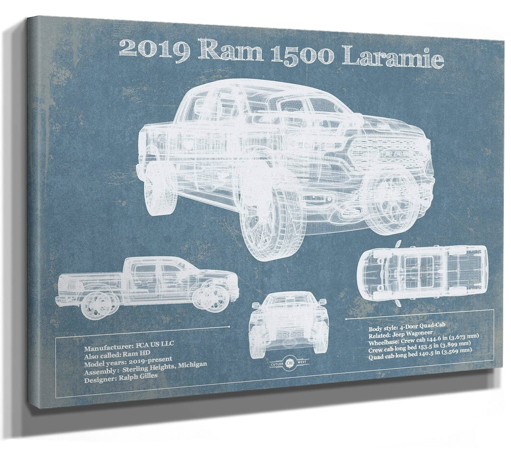 14" x 11" / Stretched Canvas Wrap Cutler West Dodge Ram 1500 Laramie 2019 Vintage Blueprint Auto Print