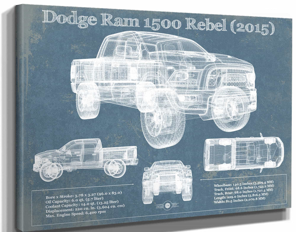 14" x 11" / Stretched Canvas Wrap Cutler West Dodge Ram 1500 Rebel (2015) Vintage Blueprint Auto Print