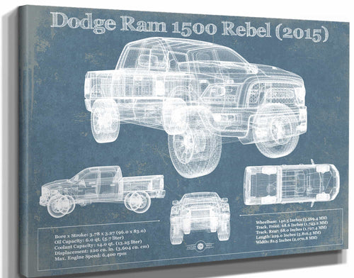 14" x 11" / Stretched Canvas Wrap Cutler West Dodge Ram 1500 Rebel (2015) Vintage Blueprint Auto Print