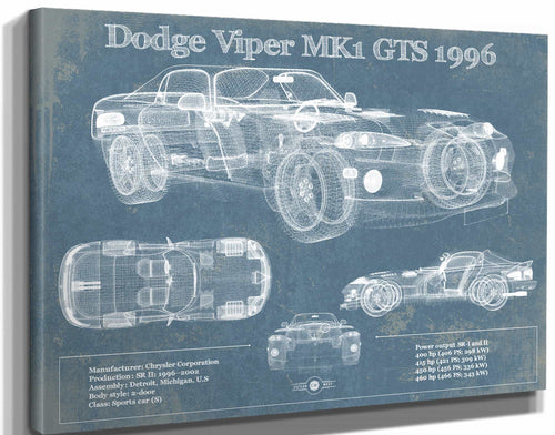 14" x 11" / Stretched Canvas Wrap Cutler West Dodge Viper MK1 GTS 1996 Blueprint Vintage Auto Print