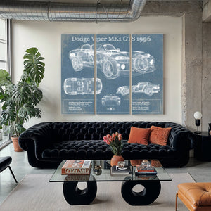 1996 Dodge Viper MK1 GTS Blueprint Art Print as a 3 panel canvas wrap in a modern living room