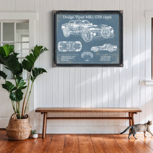 1996 Dodge Viper MK1 GTS Blueprint Art Print framed in Vintage Black above a rustic console table
