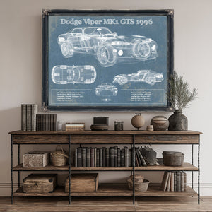 1996 Dodge Viper MK1 GTS Blueprint Art Print canvas print size guide 24x18 36x24 48x36 inches