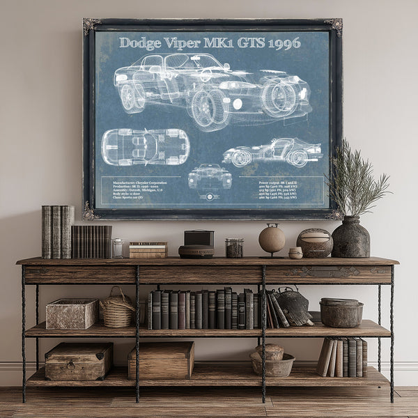 1996 Dodge Viper MK1 GTS Blueprint Art Print canvas print size guide 24x18 36x24 48x36 inches