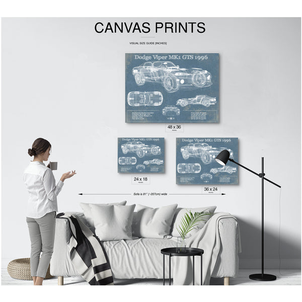 1996 Dodge Viper MK1 GTS Blueprint Art Print displayed on a wall