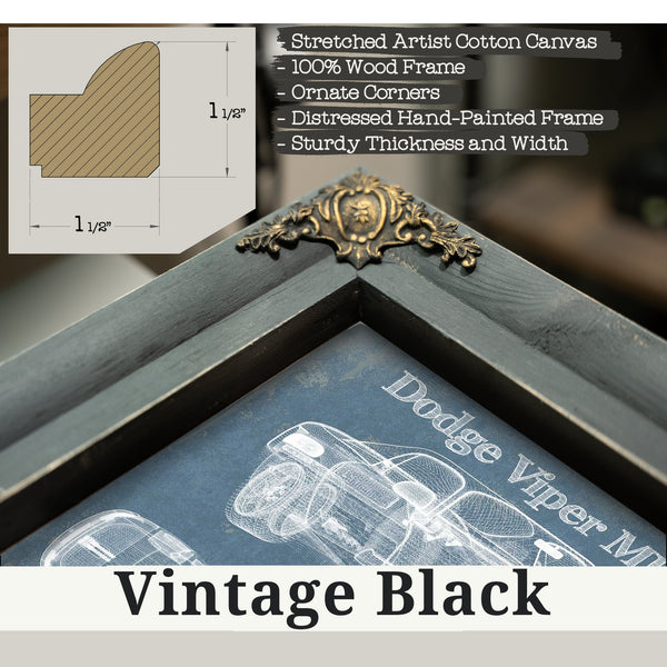 Vintage Black frame corner detail, 1.5 inch ornate wood moulding, 1996 Dodge Viper MK1 GTS Blueprint Art Print