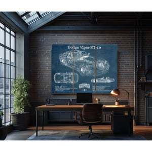 Dodge Viper RT-10 Blueprint Art Print as a 3 panel canvas wrap in an industrial loft office