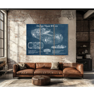 Dodge Viper RT-10 Blueprint Art Print as a 3 panel canvas wrap above a leather sofa
