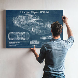 Dodge Viper RT-10 Blueprint Art Print framed in Vintage Black above a mid-century record console