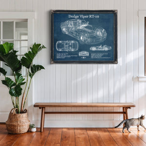 Dodge Viper RT-10 Blueprint Art Print framed in Vintage Black above a rustic console table
