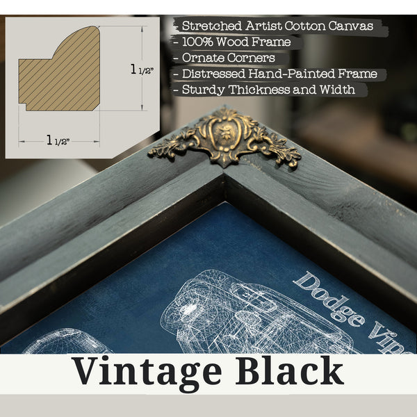 Vintage Black frame corner detail, 1.5 inch ornate wood moulding, Dodge Viper RT-10 Blueprint Art Print